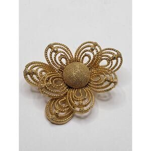 Vintage gold tone filigree flower brooch textured center layered floral pin